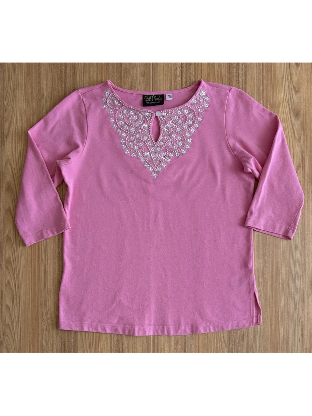Bob Mackie Wearable Art Pearl Beaded Embroidered Keyhole Top Womens M Pink Glam
